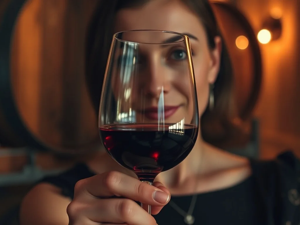 Elegancka kobieta trzymająca kieliszek czerwonego wina w nastrojowej piwniczce z winami.
