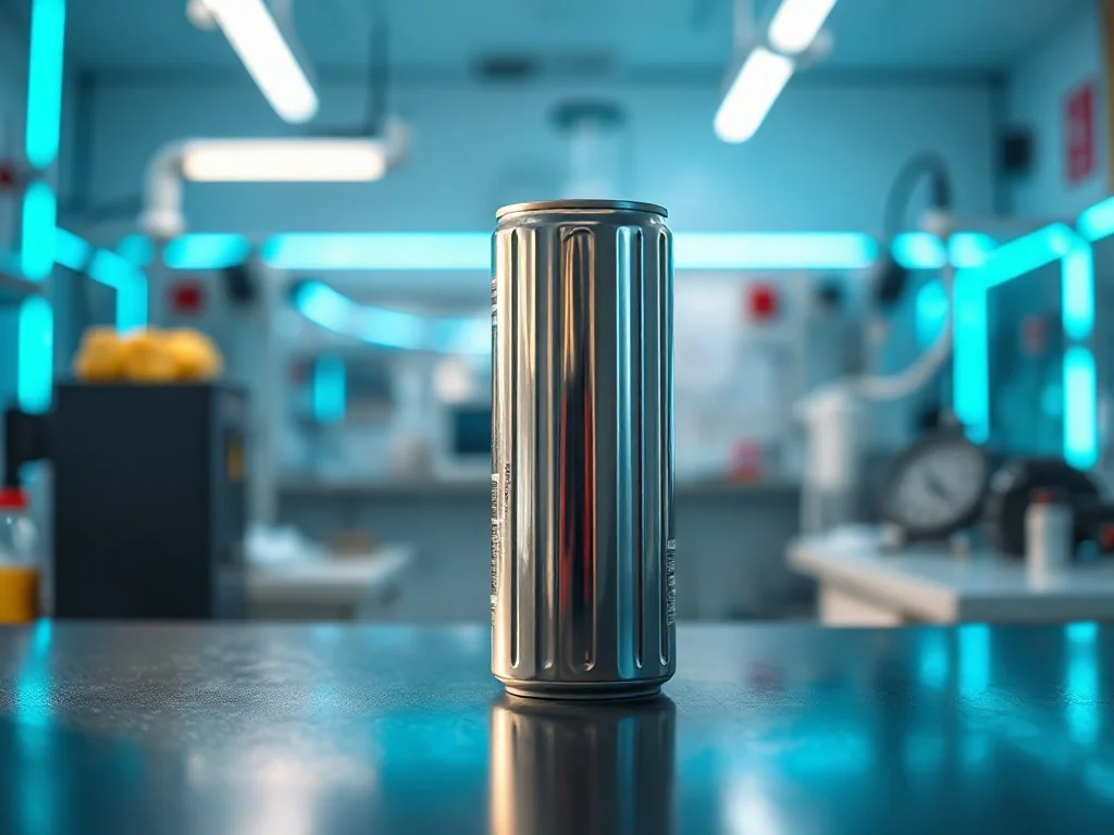 Nowoczesna puszka napoju energetycznego na ciemnym tle z neonowymi akcentami, podkreślająca laboratoryjny charakter produktu.
