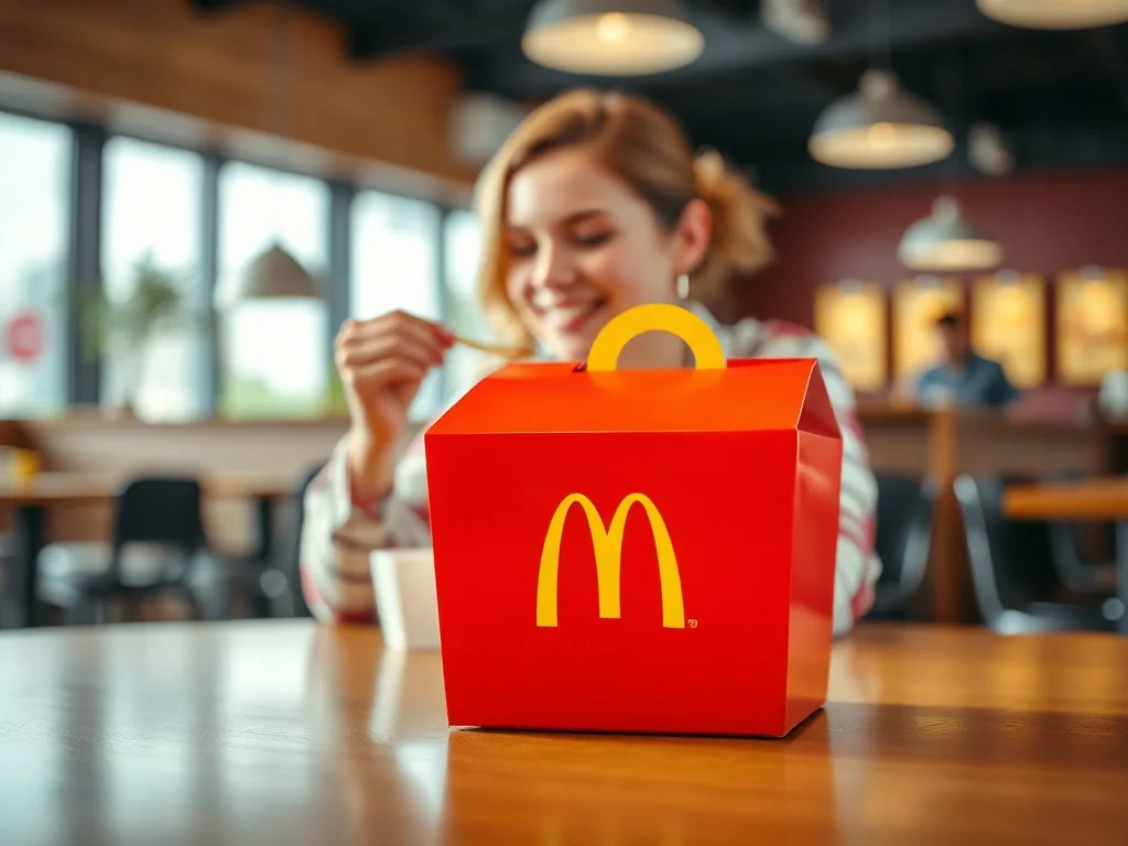 Kolorowe pudełko zestawu Happy Meal na drewnianym stole w nowoczesnym wnętrzu restauracji McDonald's.