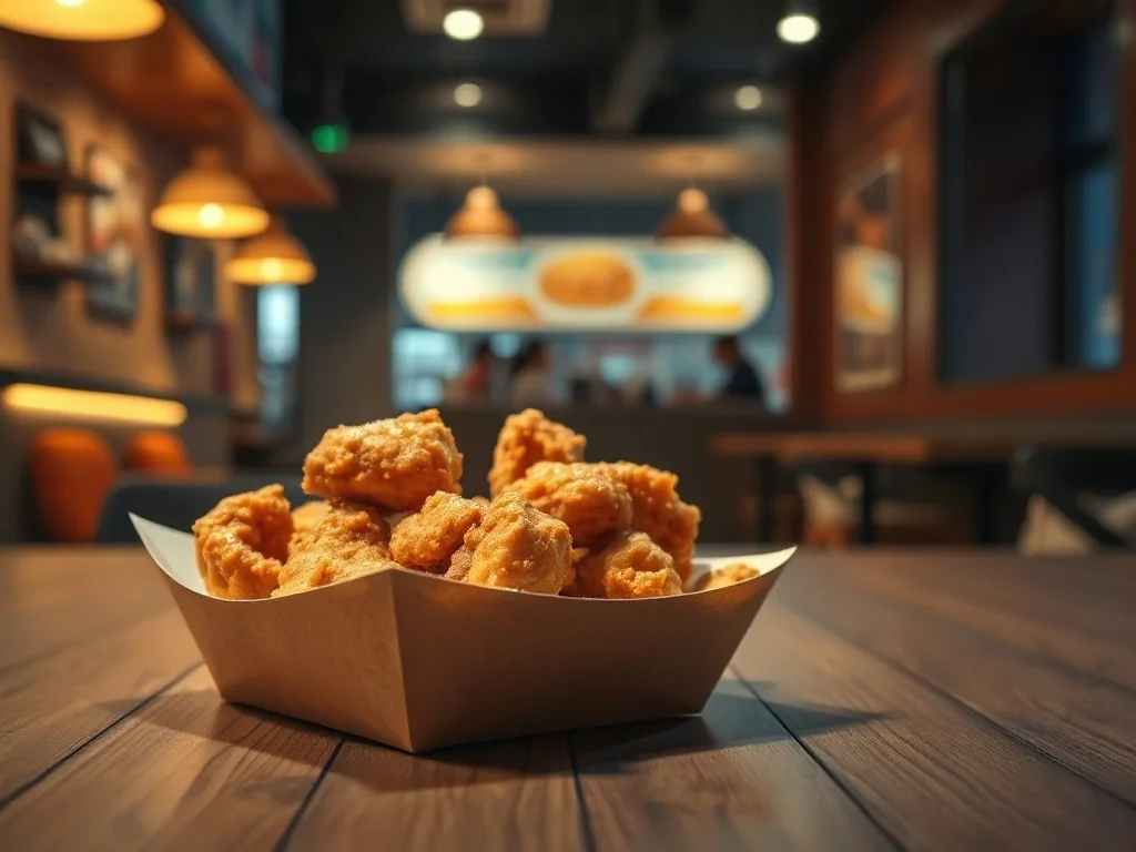 Złociste i chrupiące kawałki kurczaka z zestawu Chicken Box podane na drewnianym stole w restauracji McDonald's.