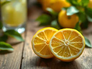 Szklana miarka z 70 ml złotego oleju na drewnianym blacie w przytulnej kuchni.