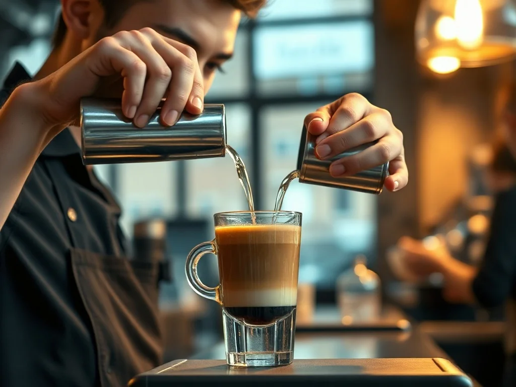 Barista wlewa gorącą wodę do filiżanki z espresso, przygotowując americano w nowoczesnej kawiarni.