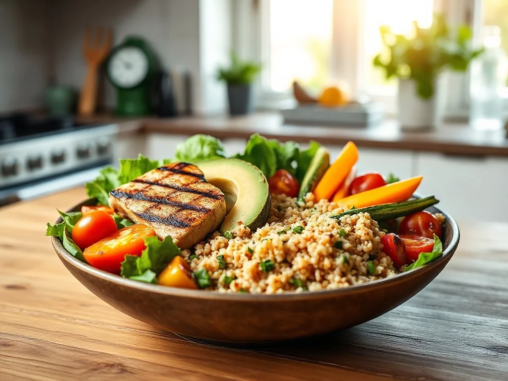 Kolorowa miska z grillowanym kurczakiem, komosą ryżową i warzywami jako zdrowa propozycja posiłku w diecie 1500 kcal.