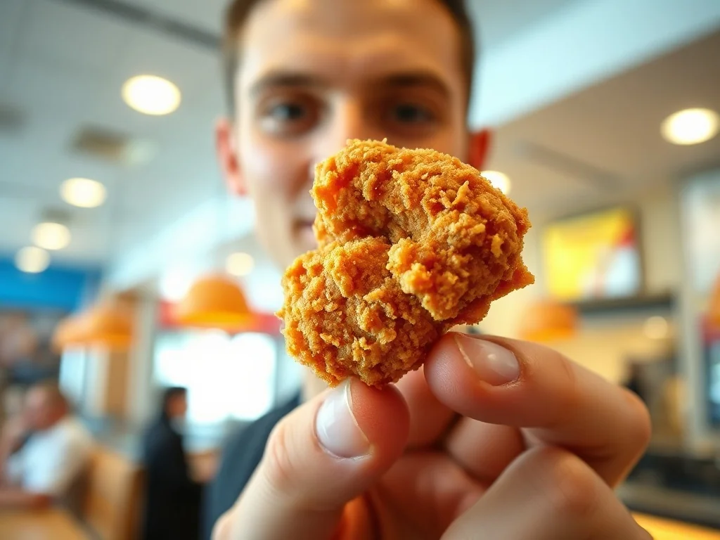 Złocisty, chrupiący nugget z kurczaka trzymany w dłoni na tle wnętrza restauracji McDonald's.