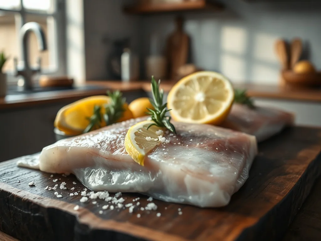 Surowy filet z morszczuka na drewnianej desce, udekorowany cytryną, rozmarynem i solą morską.